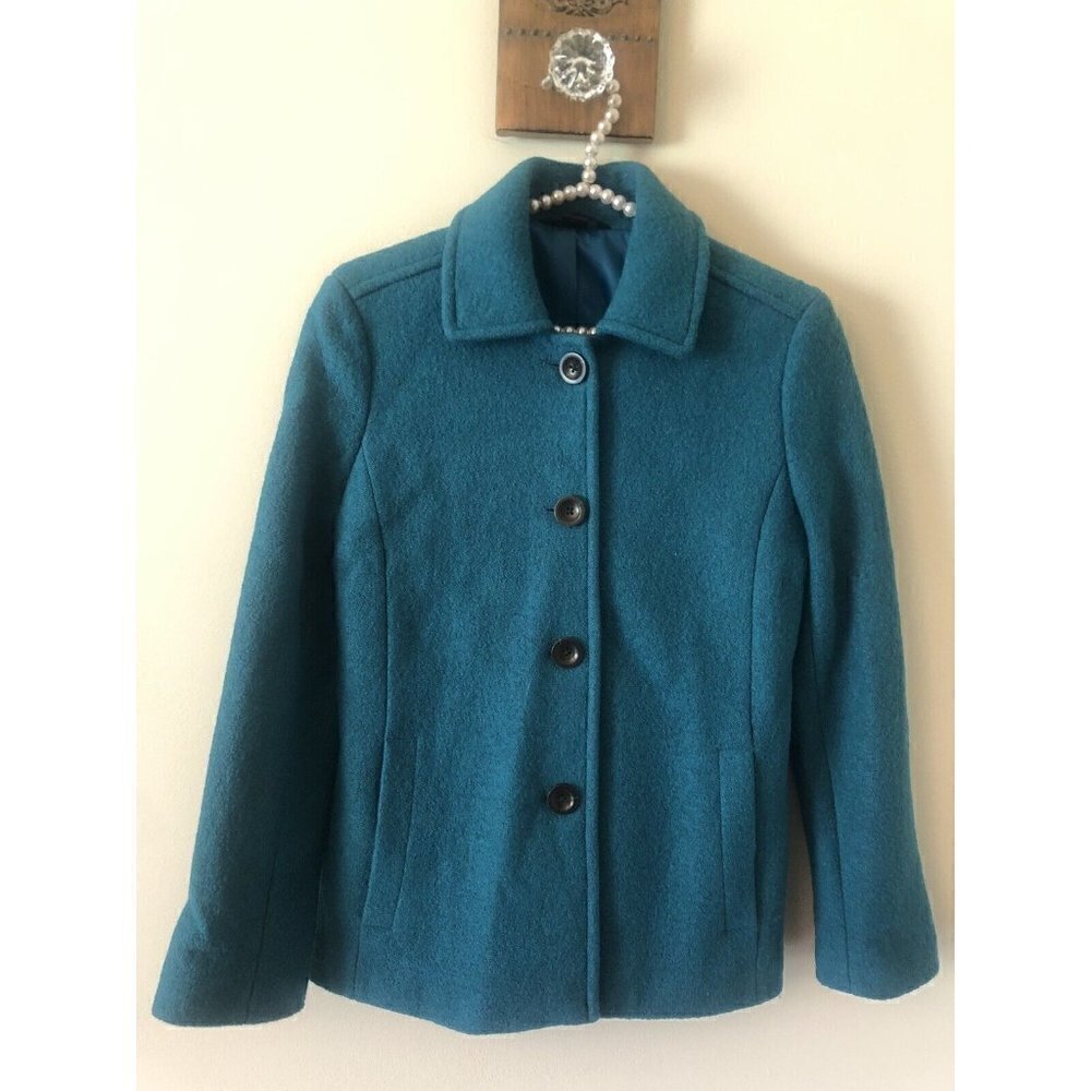 Lands End Petite Womens Size 6P Boiled Wool Coat Teal Button Front